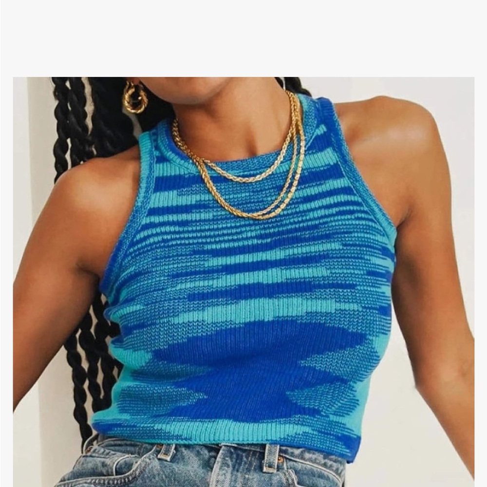 Blue Ribbed Sleeveless Fitted Tank Top